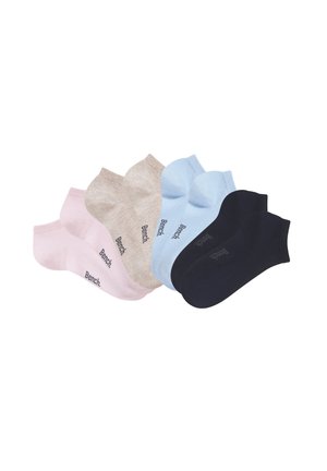 Set aus fünf Knöchelsocken in Pink, Beige, Hellblau, Dunkelblau und Schwarz; Baumwollmischung mit aufgedrucktem "Bench."-Logo in Schwarz.