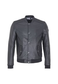 Schwarze Lederjacke mit perforierter Textur, gerippten Bündchen und Saum. Verfügt über Druckknöpfe und seitliche Taschen, die Funktionalität und Stil vereinen.