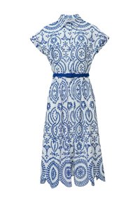 Vestido azul y blanco con un patrón de flores y paisley, cuello, mangas cortas y un cinturón a juego. Detalle de dobladillo en forma de concha.