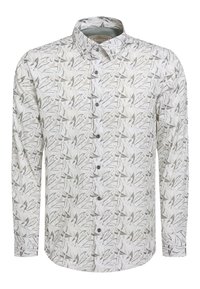 Biała koszula z długim rękawem, z jasnoszarym i beżowym wzorem w liście, z zapięciem na guziki z przodu i stożkowym kołnierzykiem.