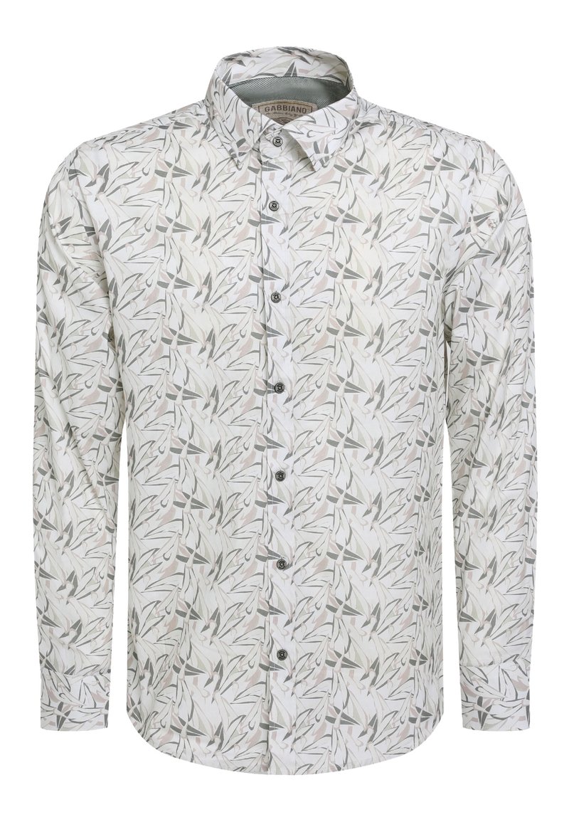Biała koszula z długim rękawem, z jasnoszarym i beżowym wzorem w liście, z zapięciem na guziki z przodu i stożkowym kołnierzykiem.
