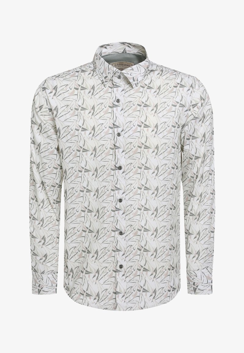 Biała koszula z długim rękawem, z jasnoszarym i beżowym wzorem w liście, z zapięciem na guziki z przodu i stożkowym kołnierzykiem.