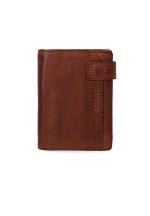 Brown leather wallet with a smooth texture, rectangular shape, and a magnetic snap closure. Features subtle stitching and a logo detail.