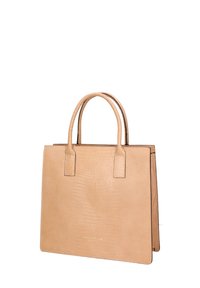Borsa tote in pelle beige con un motivo a coccodrillo texturizzato, due manici corti e un'apertura superiore. Presenta un design minimalista e linee pulite.