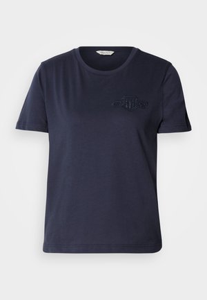 T-shirt de algodão azul-marinho com gola redonda, mangas curtas e um logótipo bordado no lado esquerdo do peito. Textura suave e ajuste descontraído.