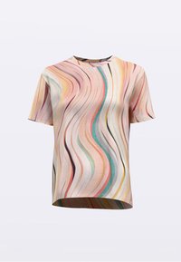 Haut à manches courtes en tissu lisse avec un motif ondulé pastel en rose, sarcelle et noir. Doté d'un col rond et d'une coupe décontractée.