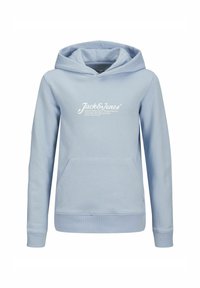 Felpa leggera blu realizzata in materiale morbido, con tasca a marsupio, polsini a costine e un logo bianco stampato sul davanti.