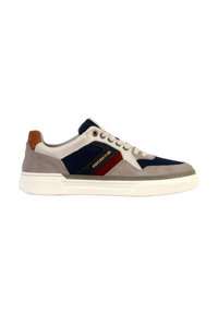 Sneaker featuring a navy canvas body, grey suede accents, white rubber sole, and red and navy striped detailing. Lace-up design with brown heel tab.