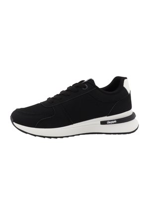 Schwarz-weißer Schnürsneaker mit Mesh-Seiten, gepolsterter Sohle und Kappa-Logo auf der Zwischensohle nahe der Ferse.