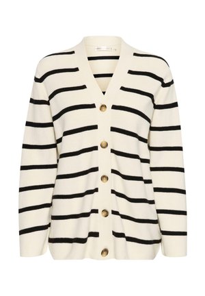 Strickjacke in Creme mit schwarzen horizontalen Streifen, V-Ausschnitt und sechs großen Knöpfen vorne. Weiche Textur, lange Ärmel, lockere Passform.