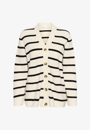 Strikket cardigan i crème med sorte vandrette striber, V-hals og seks store knapper foran. Blød tekstur, lange ærmer, afslappet pasform.