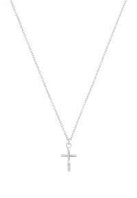 Zilveren ketting met een eenvoudige kruis hanger voorzien van een kleine rij heldere stenen aan de onderkant, gepolijste afwerking, minimalistisch ontwerp.