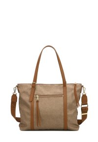 Borsa tote beige con finitura testurizzata, dotata di due manici superiori, una tracolla regolabile e una tasca frontale con zip. Accenti in hardware dorato.