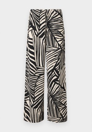 Hlače s širokimi hlačnicami z abstraktnim zebrinim vzorcem v črno-belem ter nastavljivo pasnico z vrvico.