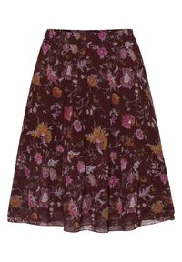 Jupe marron foncé longueur genou avec taille élastique, ornée de motifs floraux roses, violets et jaunes, et d'un ourlet à volants.