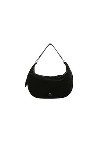 Borsa hobo nera realizzata in materiale liscio, con forma curva, manico a spalla, chiusura con zip e dettaglio frontale con logo di teschio e ossa incrociate.
