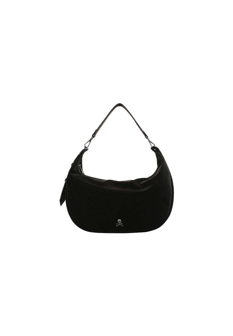 Borsa hobo nera realizzata in materiale liscio, con forma curva, manico a spalla, chiusura con zip e dettaglio frontale con logo di teschio e ossa incrociate.