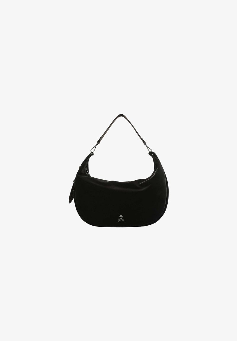 Sac hobo noir en matériau lisse, présentant une forme incurvée, une bandoulière, une fermeture éclair, et un logo en façade avec un crâne et des os croisés.