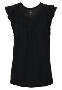 Czarny krótki t-shirt z falbaniastymi akcentami i marszczonym przodem. Wykonany z miękkiego materiału, z okrągłym dekoltem i luźnym krojem.