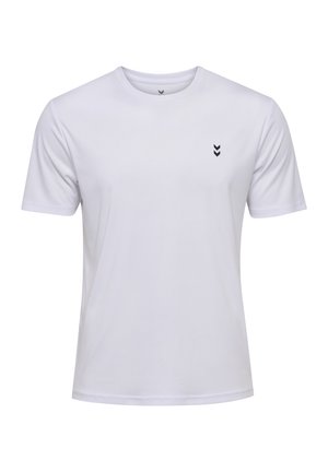 Hvid kortærmet t-shirt lavet af glat stof. Har et lille sort logo med tre chevroner på venstre bryst. Klassisk rund halsudskæring.