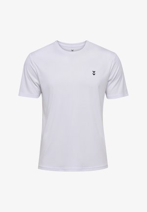 Weißes T-Shirt mit kurzen Ärmeln aus glattem Stoff. Mit einem kleinen schwarzen Logo mit drei Chevron-Mustern auf der linken Brust. Klassischer, runder Halsausschnitt.