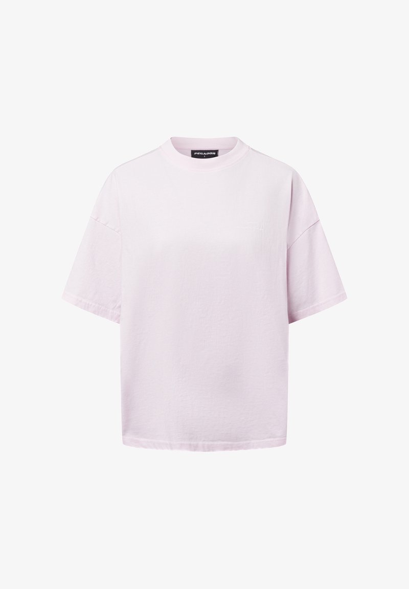 Light pink short-sleeve t-shirt with a round neckline, relaxed fit, and soft texture. Features a subtle graphic logo on the front.