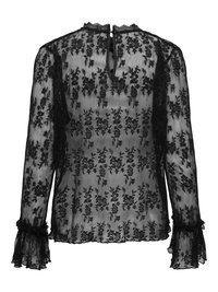 Black long-sleeve blouse with lace fabric featuring floral patterns. Scalloped cuffs and a keyhole back closure. Sheer texture throughout.
