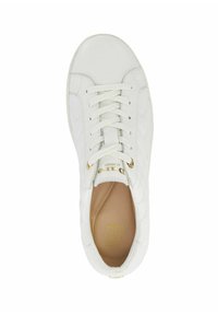 White sneaker with a smooth leather upper, featuring a textured chevron design, lace-up closure, and gold branding on the tongue.