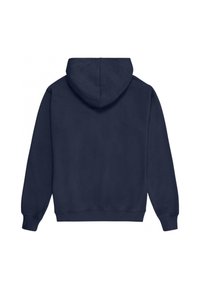 Sudadera azul marino con capucha ajustable, puños y dobladillo acanalados. Tejido de textura suave, diseño casual y sin marcas visibles.