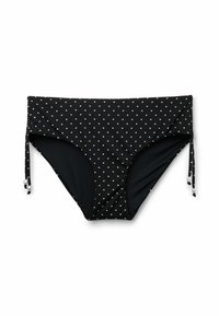 Braguitas de bikini negras de cintura alta con lunares blancos y lazos laterales ajustables con pequeñas cuentas blancas.