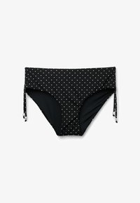 Braguitas de bikini negras de cintura alta con lunares blancos y lazos laterales ajustables con pequeñas cuentas blancas.