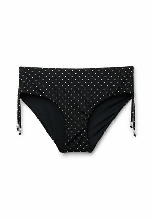 Braguitas de bikini negras de cintura alta con lunares blancos y lazos laterales ajustables con pequeñas cuentas blancas.