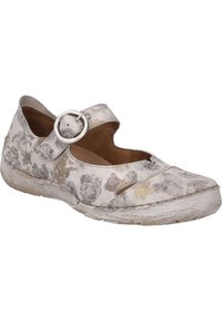 Blumendesign Mary Jane Schuh mit einer runden silbernen Schnalle, in hellgrau und beige, mit geschwungener Zehenpartie und strukturiertem Sohlen.