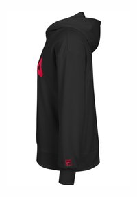 Sudadera negra con un logo rojo en el frente, puños y dobladillo acanalados. Fabricada con un tejido suave, con corte holgado y capucha ajustable.