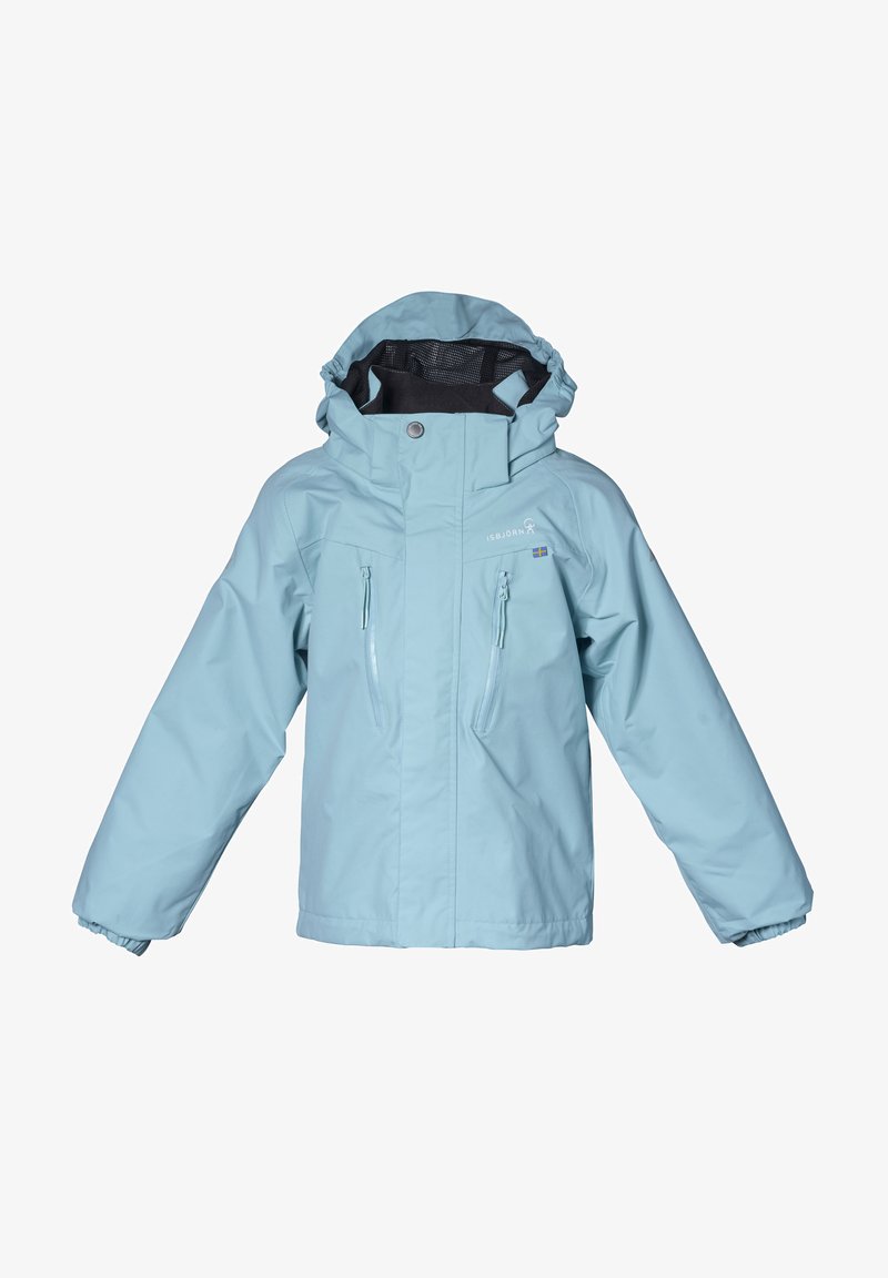 Lyseblå vandtæt jakke med hætte, featuring en lynlåslukning foran, to brystlommer og elastiske manchetter. Glat tekstur, holdbart materiale.