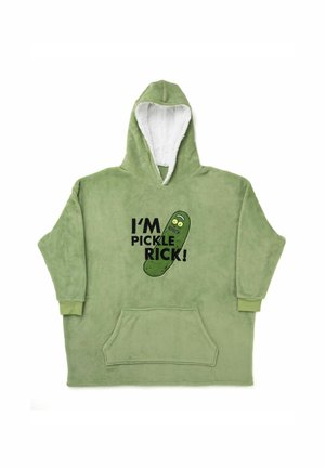 Felpa verde in pile con fodera interna bianca, grande tasca frontale e grafica "IO SONO PICKLE RICK!" che presenta un design di un cetriolo cartoon.
