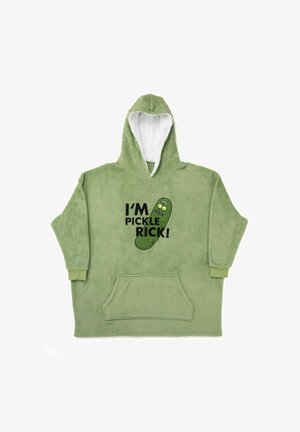 Felpa verde in pile con fodera interna bianca, grande tasca frontale e grafica "IO SONO PICKLE RICK!" che presenta un design di un cetriolo cartoon.