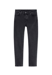 Jeans de mezclilla negra con un corte ajustado, diseño de cinco bolsillos y cierre de botón metálico. Presenta una textura suave y un desvanecimiento sutil.