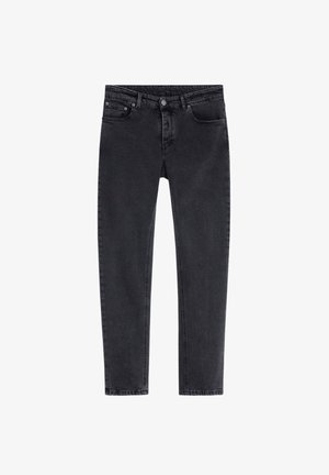 Jeans de mezclilla negra con un corte ajustado, diseño de cinco bolsillos y cierre de botón metálico. Presenta una textura suave y un desvanecimiento sutil.
