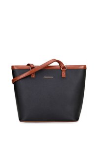 Black tote bag made of textured material with brown leather trim, two handles, and a rectangular shape. Features a metallic branding accent.