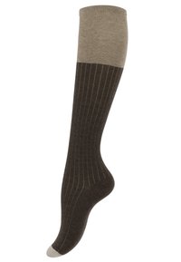 Calze alte fino al ginocchio con una parte superiore beige, corpo a coste marrone scuro e punta grigia chiara. Tessuto elasticizzato con una texture liscia.