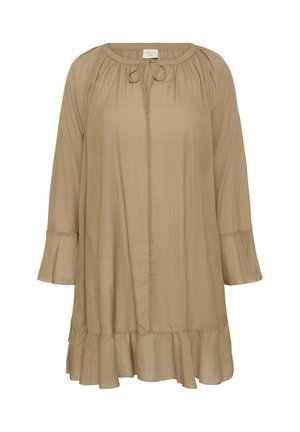 Vestito beige a maniche lunghe, dalla vestibilità ampia, con orlo arricciato e dettaglio con nodo al collo, realizzato in tessuto leggero leggermente stropicciato.