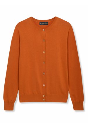 Oranger Langarm-Cardigan mit Rundhalsausschnitt, Knopfleiste vorne und gerippten Bündchen und Saum.