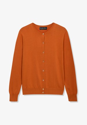 Oranje cardigan met lange mouwen, ronde halslijn, knoopsluiting aan de voorkant en geribbelde manchetten en zoom.