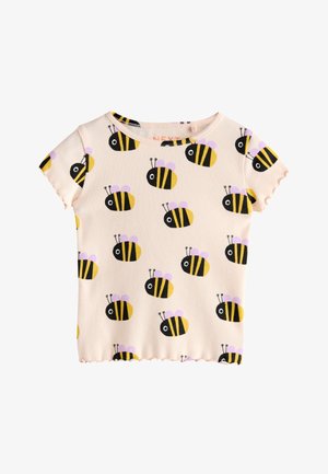 Cremefarvet kortærmet skjorte til småbørn med mønster af tegneseriebier med gule og sorte striber og lilla vinger.