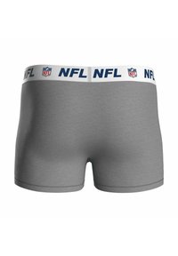 Boxers gris avec une ceinture blanche présentant un texte bleu répété « NFL » et le logo du bouclier NFL en rouge, blanc et bleu.