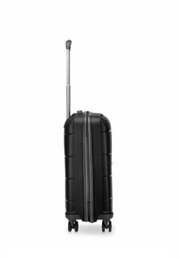 Valigia rigida nera con una superficie liscia, due ruote e un manico estensibile argentato. Presenta un design elegante e moderno.