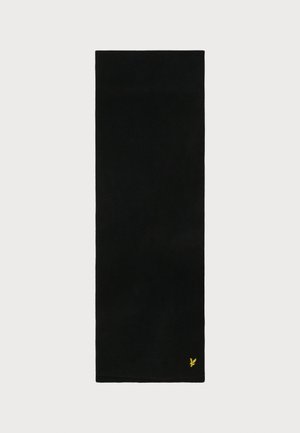 Sciarpa nera con una superficie liscia, caratterizzata da un piccolo logo giallo ricamato nell'angolo in basso. Forma rettangolare, colore uniforme.