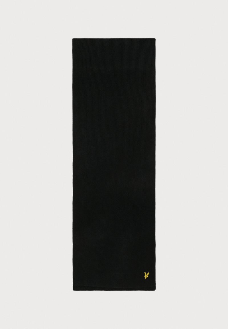 Écharpe noire avec une texture lisse, présentant un petit logo brodé jaune dans le coin inférieur. Forme rectangulaire, couleur unie.