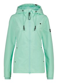 Veste imperméable vert menthe avec capuche ajustable, fermeture zippée et poignets élastiques. Présente des accents noirs et des trous de ventilation. Matière légère.